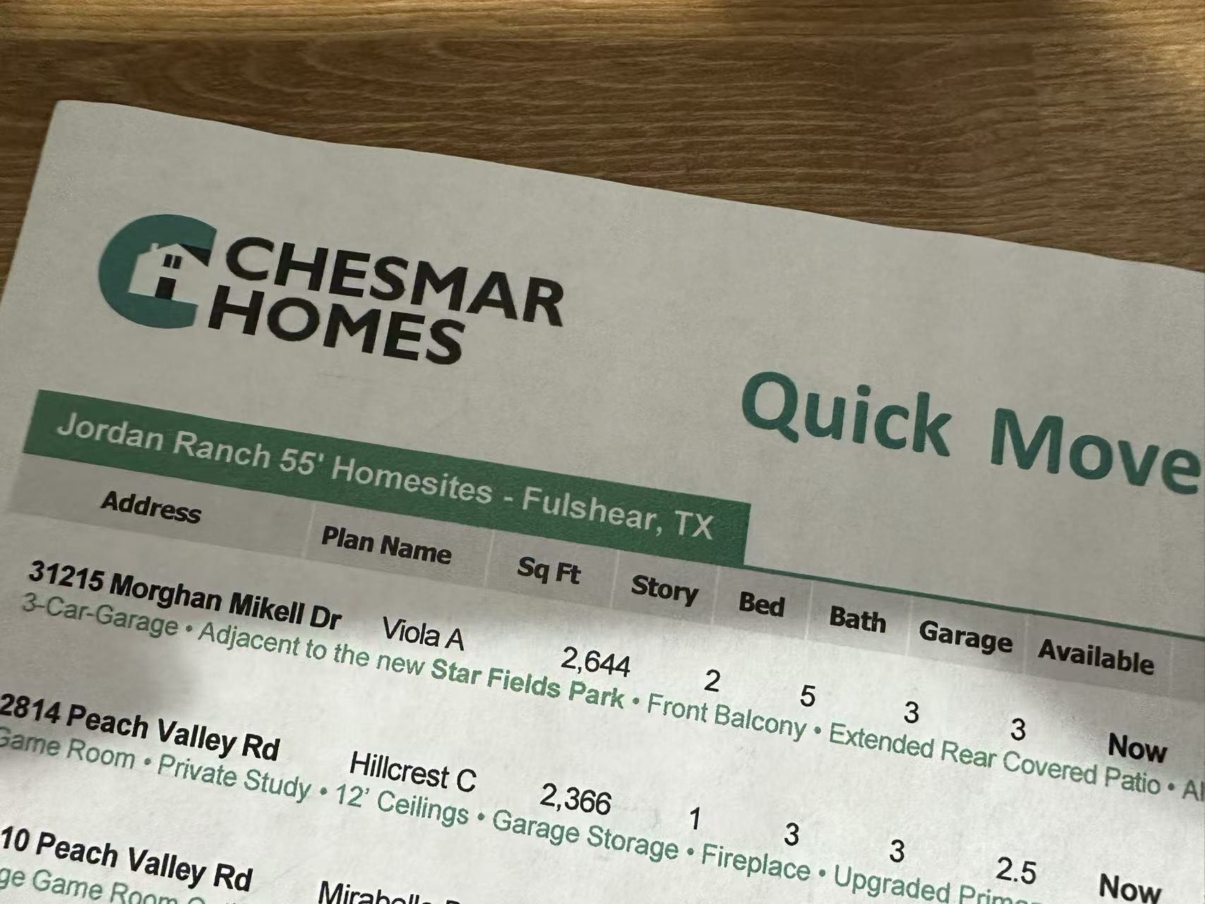 Amy Zhou收到的Jordan Ranch Chesmar Homes最新准现房报价资料